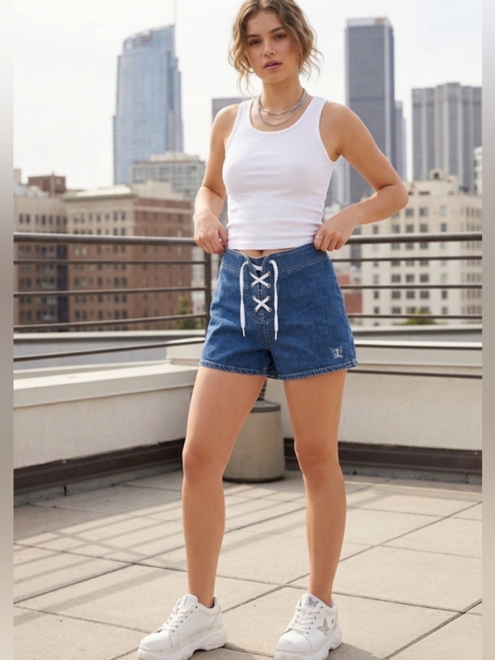 VTG 90s/Y2K 5-7-9 Lace Up Denim Shorts with Butterfly Embroidery - Size 7
